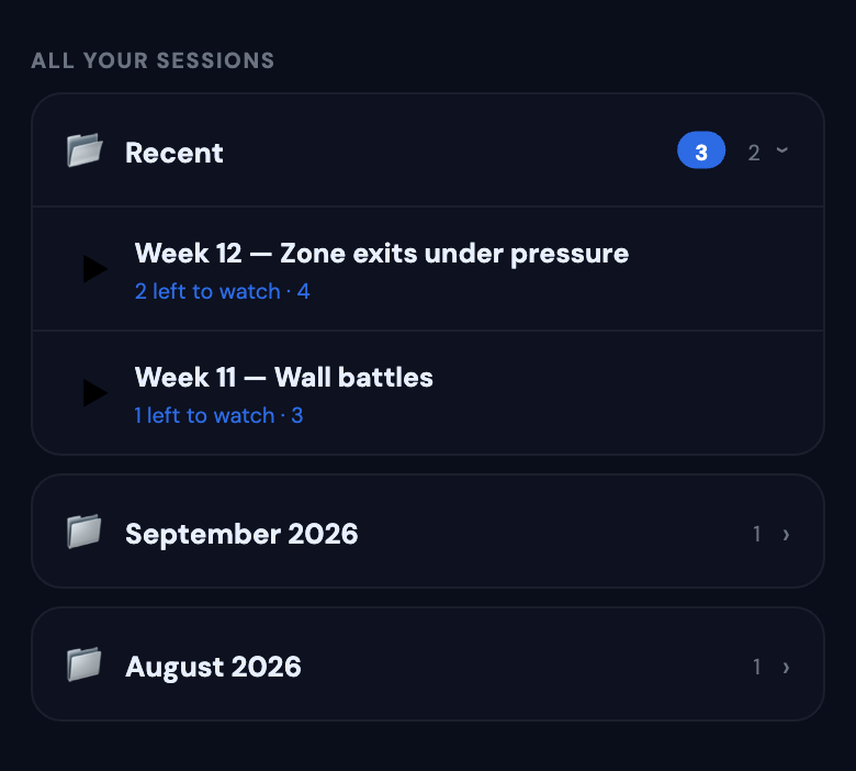 The player's session list in HAE, in folders, showing how many clips are still to watch